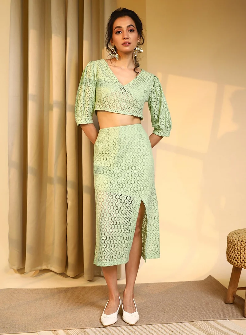 PINACOLADA PINACOLADA Women's Mint Green Ditsy Floral Co-Ord Set For Casual Wear | V Neck | Half Sleeve | Zipper Closure | Co-Ords Designed With Comfortable Fit For Woman & Girls