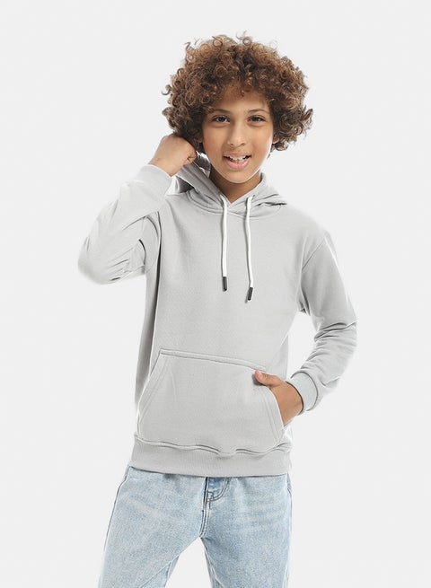 Basic Grey Plain Hooded With Drawstrings Hoodie-Grey