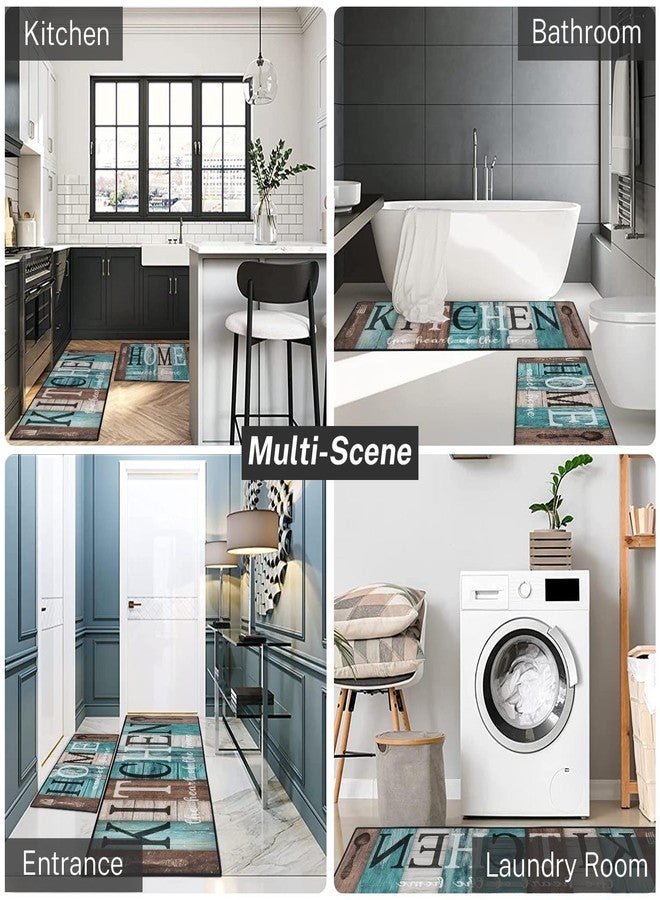 Nesphy سجادات وحصائر مطبخ نيسفي فارمهاوس باللون الفيروزي، مانعة للانزلاق وقابلة للغسل، طقم من قطعتين، حصائر أرضية خشبية عتيقة باللونين الأزرق المخضر والبني، سجادة ممر منزلية بنقشة قلب، ديكور مطبخ ريفي - Image 5