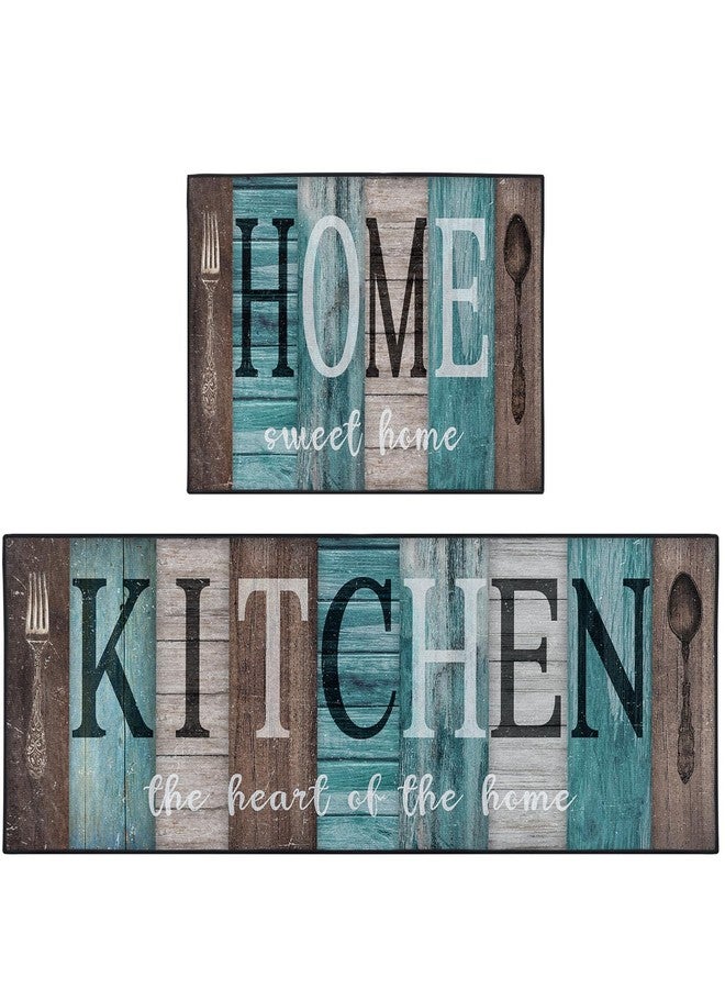 Nesphy سجادات وحصائر مطبخ نيسفي فارمهاوس باللون الفيروزي، مانعة للانزلاق وقابلة للغسل، طقم من قطعتين، حصائر أرضية خشبية عتيقة باللونين الأزرق المخضر والبني، سجادة ممر منزلية بنقشة قلب، ديكور مطبخ ريفي - Image 1