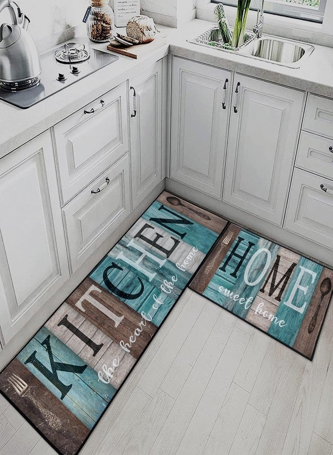 Nesphy سجادات وحصائر مطبخ نيسفي فارمهاوس باللون الفيروزي، مانعة للانزلاق وقابلة للغسل، طقم من قطعتين، حصائر أرضية خشبية عتيقة باللونين الأزرق المخضر والبني، سجادة ممر منزلية بنقشة قلب، ديكور مطبخ ريفي - Image 3