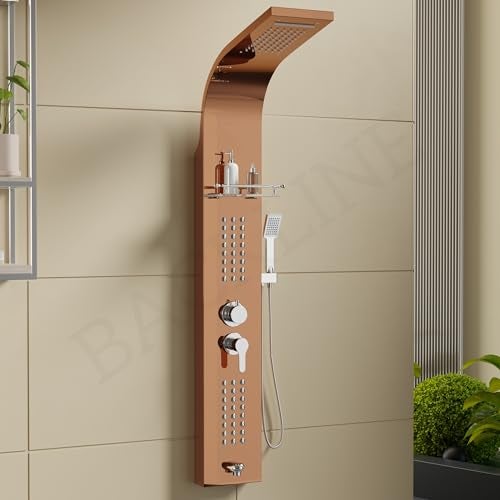 B BACKLINE Backline SS304 6 In 1 Shower Panels for Bathroom/Dual Flow Overhead Waterfall & Rainfall Shower/Hand Shower/Hot & Cold Water Mixer/Shelf for Shampoo Storage (Rosegold) - Image 1