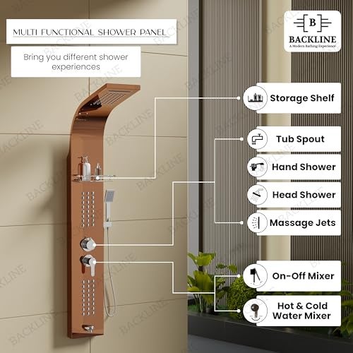 B BACKLINE Backline SS304 6 In 1 Shower Panels for Bathroom/Dual Flow Overhead Waterfall & Rainfall Shower/Hand Shower/Hot & Cold Water Mixer/Shelf for Shampoo Storage (Rosegold) - Image 2