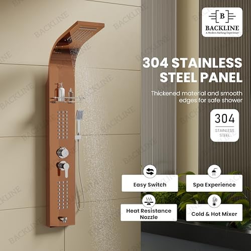 B BACKLINE Backline SS304 6 In 1 Shower Panels for Bathroom/Dual Flow Overhead Waterfall & Rainfall Shower/Hand Shower/Hot & Cold Water Mixer/Shelf for Shampoo Storage (Rosegold) - Image 3