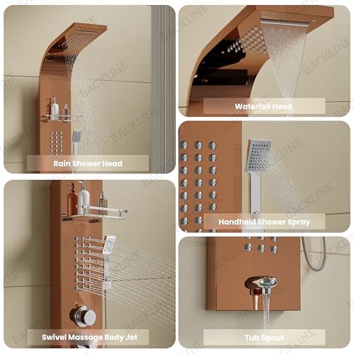 B BACKLINE Backline SS304 6 In 1 Shower Panels for Bathroom/Dual Flow Overhead Waterfall & Rainfall Shower/Hand Shower/Hot & Cold Water Mixer/Shelf for Shampoo Storage (Rosegold) - Image 4