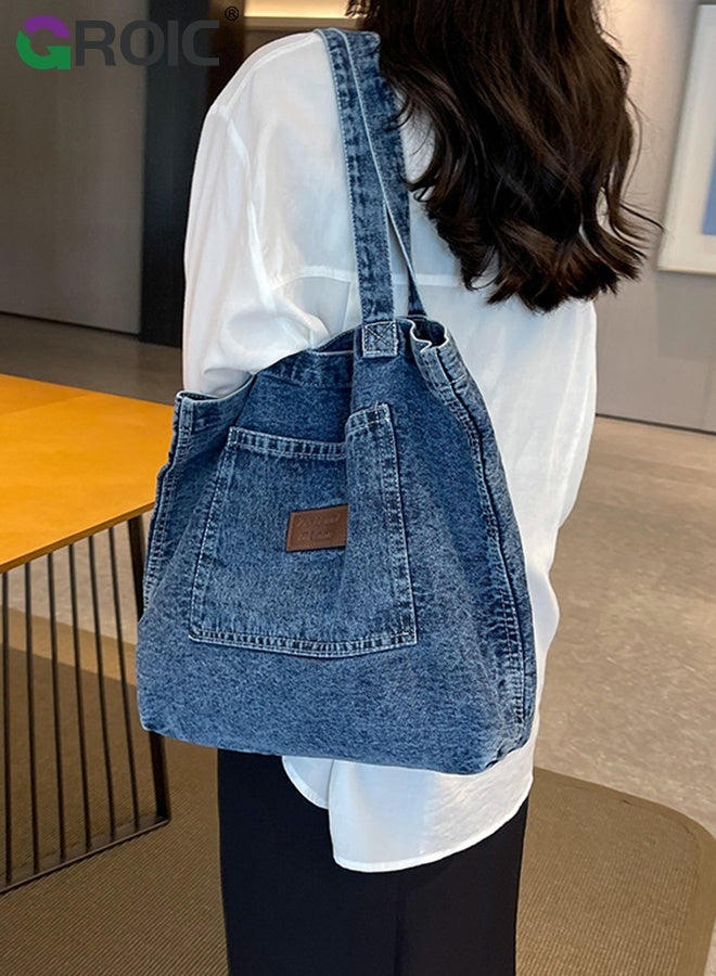 GROIC Denim Tote Bag for Women,Retro Large Canvas Crossbody Tote Bag,Handbag Perfect for Work Shopping,Shoulder Bag for Outdoor Activities - Image 1