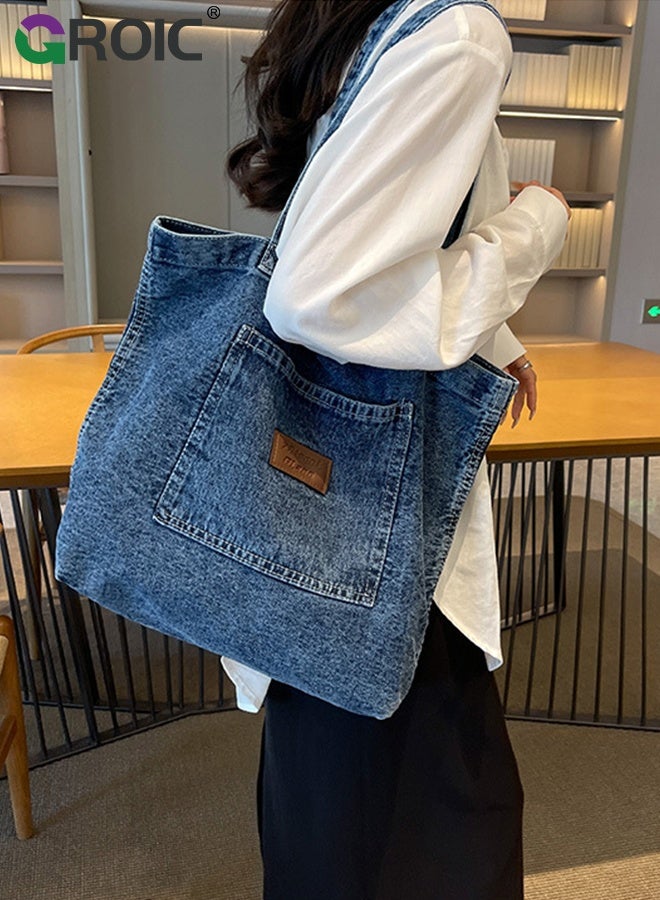 GROIC Denim Tote Bag for Women,Retro Large Canvas Crossbody Tote Bag,Handbag Perfect for Work Shopping,Shoulder Bag for Outdoor Activities - Image 2