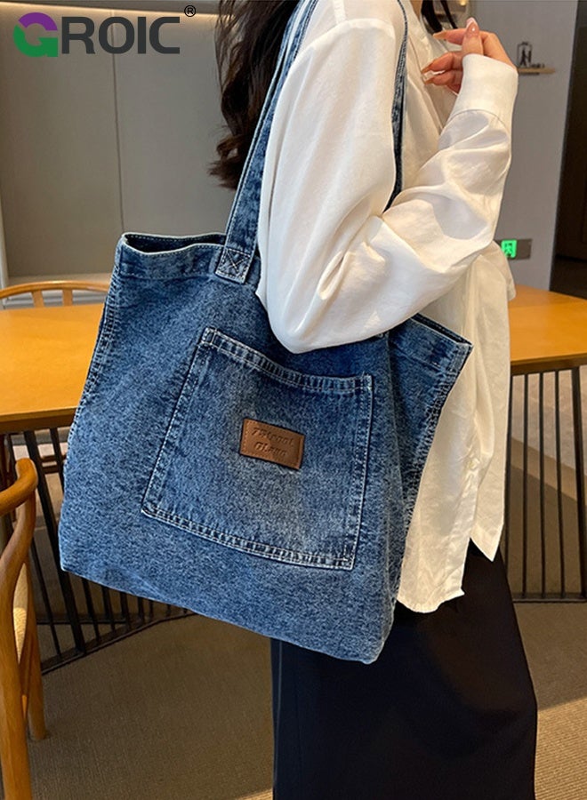 GROIC Denim Tote Bag for Women,Retro Large Canvas Crossbody Tote Bag,Handbag Perfect for Work Shopping,Shoulder Bag for Outdoor Activities - Image 4