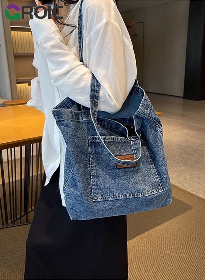 GROIC Denim Tote Bag for Women,Retro Large Canvas Crossbody Tote Bag,Handbag Perfect for Work Shopping,Shoulder Bag for Outdoor Activities - Image 5