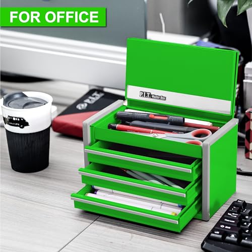 PIT P.I.T. Mini Green Tool Box, Portable 3 Drawer Steel Stackable Tool Box with Magnetic Tab Locking, Green Micro Top Chest with Liner for Tools Storage and Organizers, Home DIY - Image 3