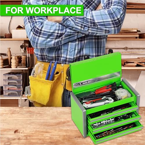 PIT P.I.T. Mini Green Tool Box, Portable 3 Drawer Steel Stackable Tool Box with Magnetic Tab Locking, Green Micro Top Chest with Liner for Tools Storage and Organizers, Home DIY - Image 5