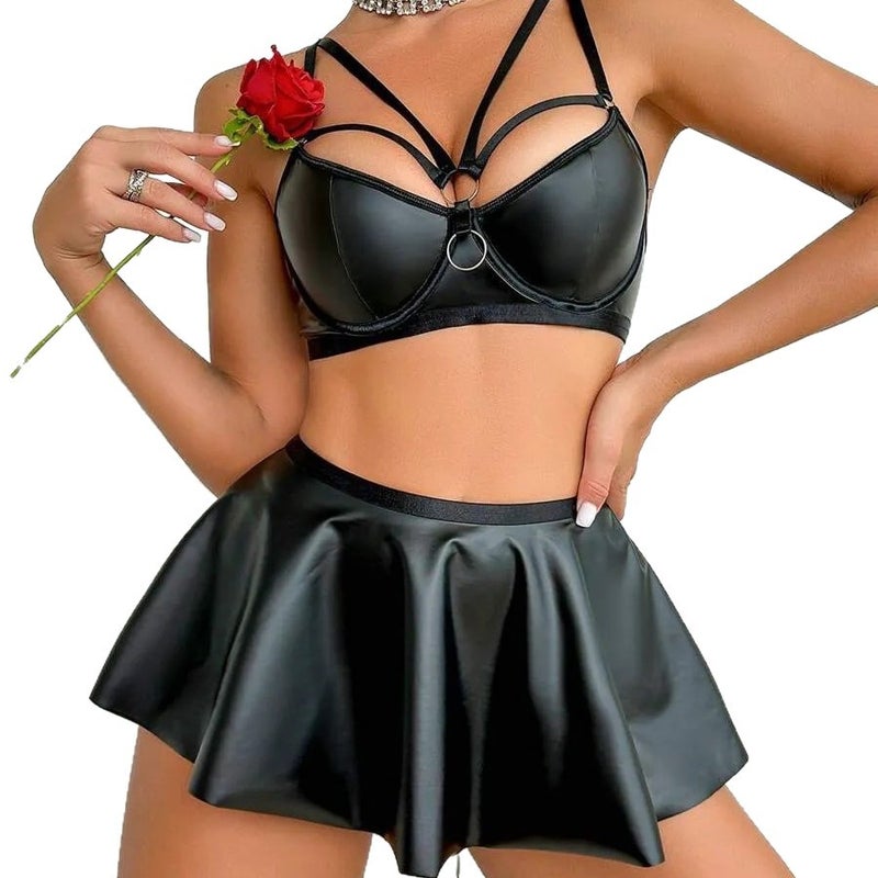 Faux Leather Lingerie Sexy Black Patent Leather Game Outfit Three-Piece Set - Image 5