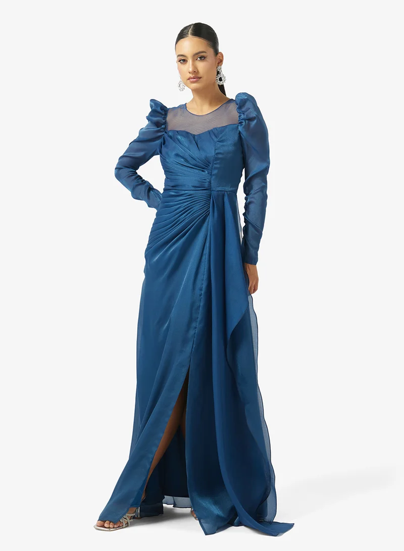 Iyra Sheer Illusion Neckline Puff Sleeve Maxi Dress