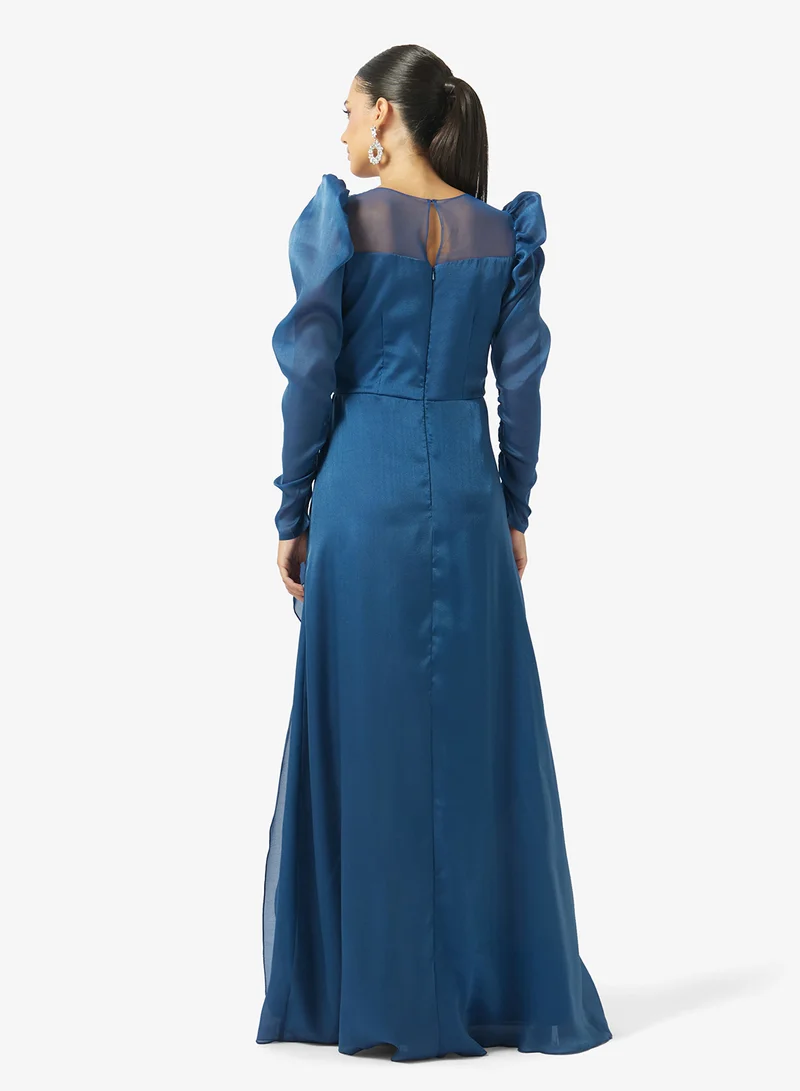 Iyra Sheer Illusion Neckline Puff Sleeve Maxi Dress