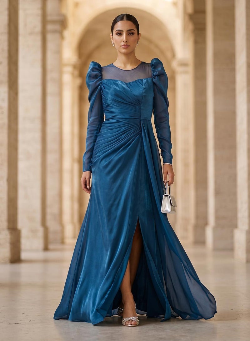 Iyra Sheer Illusion Neckline Puff Sleeve Maxi Dress - Image 1