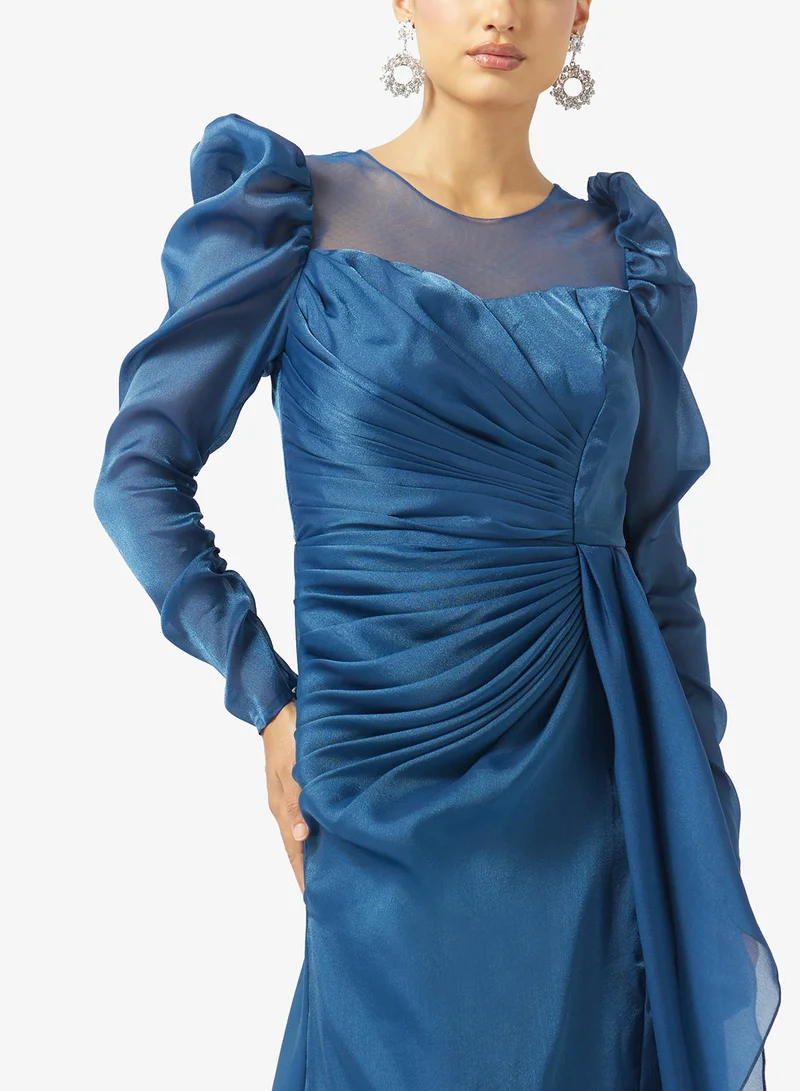 Iyra  Sheer Illusion Neckline Puff Sleeve Maxi Dress for Women | Best Price UAE