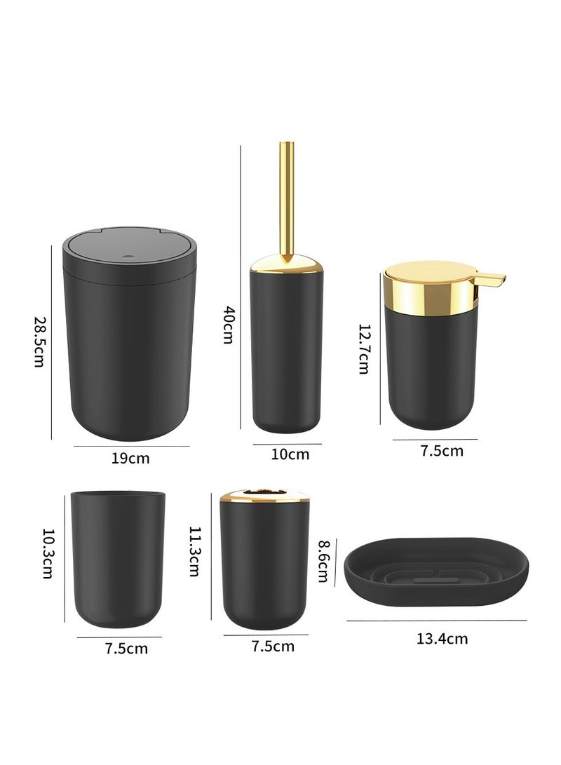 مجموعة حمام سوداء فاخرة من 6 قطع مطلية بالذهب - تشمل سلة قمامة، فرشاة مرحاض، موزع صابون، حامل فرشاة أسنان، كوب، وصحن صابون - Image 3