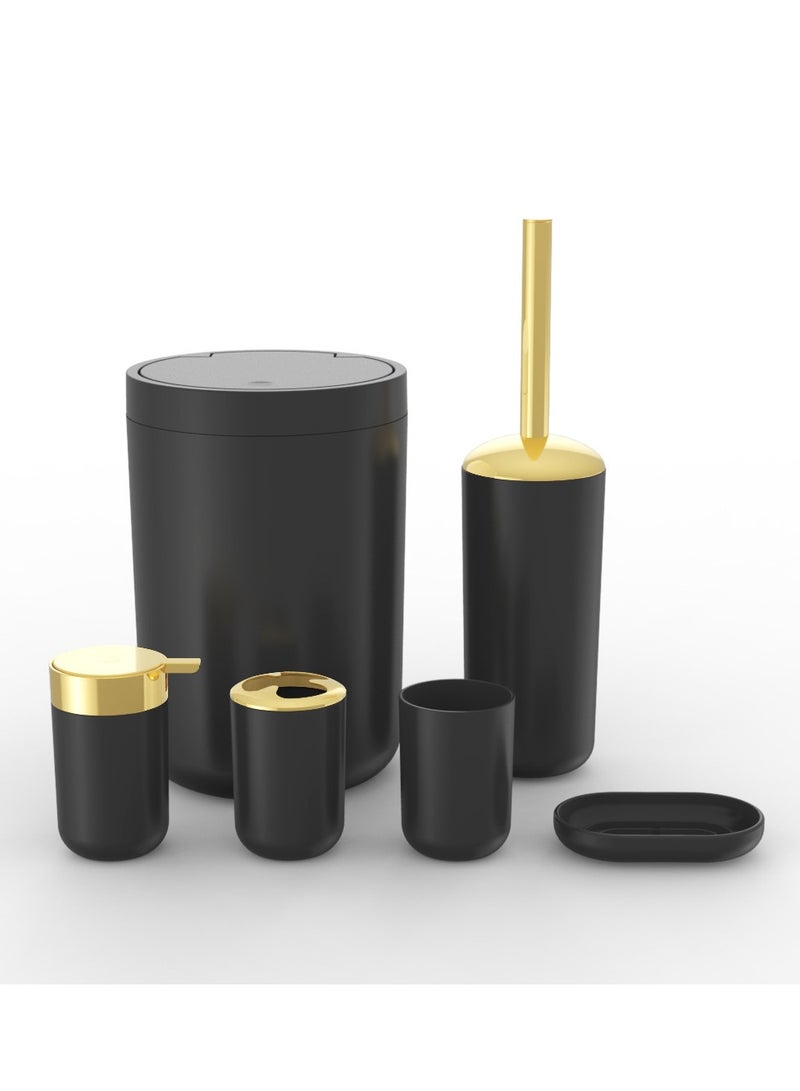 مجموعة حمام سوداء فاخرة من 6 قطع مطلية بالذهب - تشمل سلة قمامة، فرشاة مرحاض، موزع صابون، حامل فرشاة أسنان، كوب، وصحن صابون - Image 1