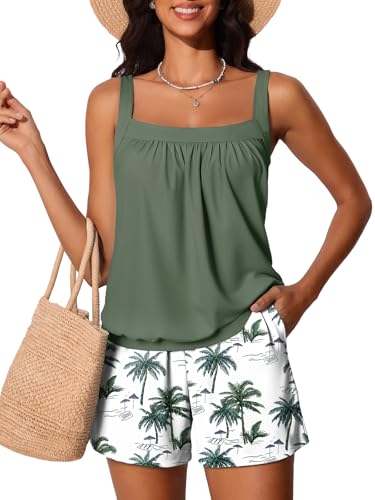 Summer Mae Blouson Womens Tankini Swimsuits 2026 Modest Tummy Control Bathing Suits Swim Shorts with Pockets for Beach Green Shadow Size 6 - Image 1