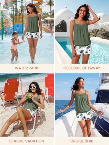 Summer Mae Blouson Womens Tankini Swimsuits 2026 Modest Tummy Control Bathing Suits Swim Shorts with Pockets for Beach Green Shadow Size 6 - Image 4