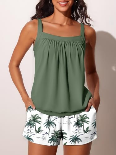 Summer Mae Blouson Womens Tankini Swimsuits 2026 Modest Tummy Control Bathing Suits Swim Shorts with Pockets for Beach Green Shadow Size 6 - Image 3
