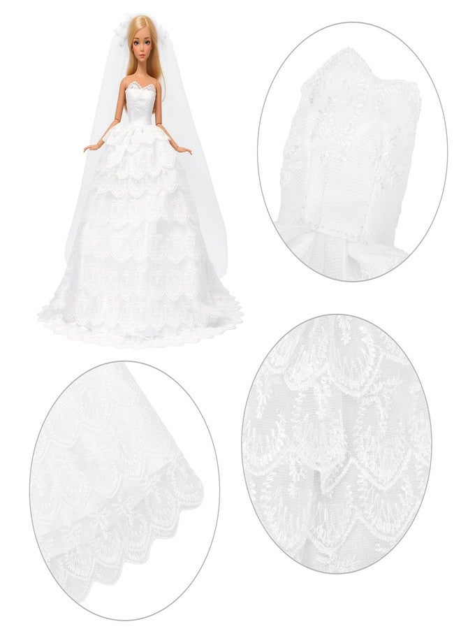 BARWA Long Wedding Dress with Long Veil Evening Party Princess White Lace Gown Dress for 11.5 Inch Girl Dolls - Image 5