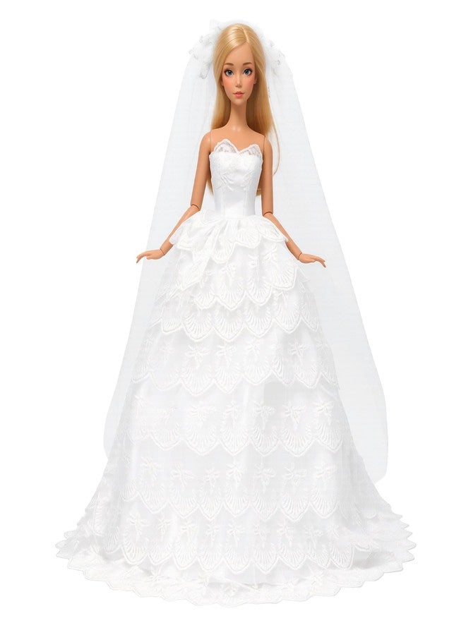 BARWA Long Wedding Dress with Long Veil Evening Party Princess White Lace Gown Dress for 11.5 Inch Girl Dolls - Image 1