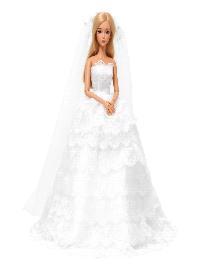 BARWA Long Wedding Dress with Long Veil Evening Party Princess White Lace Gown Dress for 11.5 Inch Girl Dolls - Image 3