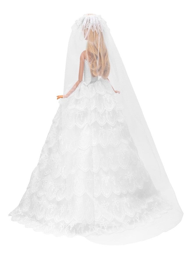BARWA Long Wedding Dress with Long Veil Evening Party Princess White Lace Gown Dress for 11.5 Inch Girl Dolls - Image 2
