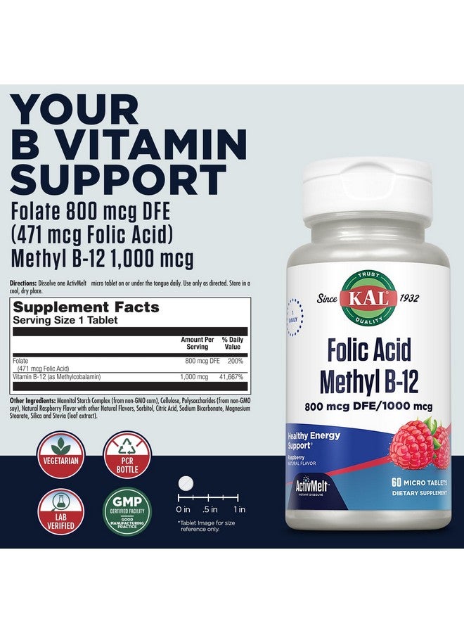 Kal 800 Mcg Folic Acid Methyl B-12 Tablets, Raspberry, 60 Count - Image 2