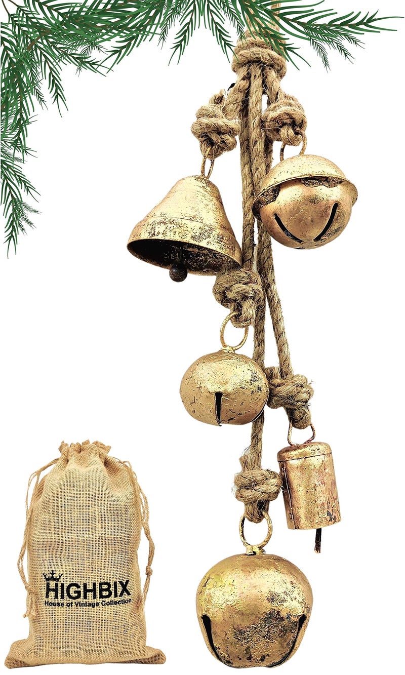 HIGHBIX Set of 5 Rustic Harmony Metal Jingle Bells Cluster Vintage Handmade Lucky Christmas Hanging Mix Dcor Bells On Rope Small