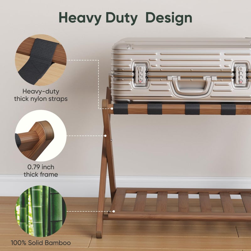 Smart FENDEE 26.77â€œ Fully Assembled Dark Walnut Luggage Racks with Folable Storage Shelf, 5 Heavy-Duty Straps Bamboo Suitcase Stand, Luggage Holders for Guest Room, Bedroom, Hotel - Image 2