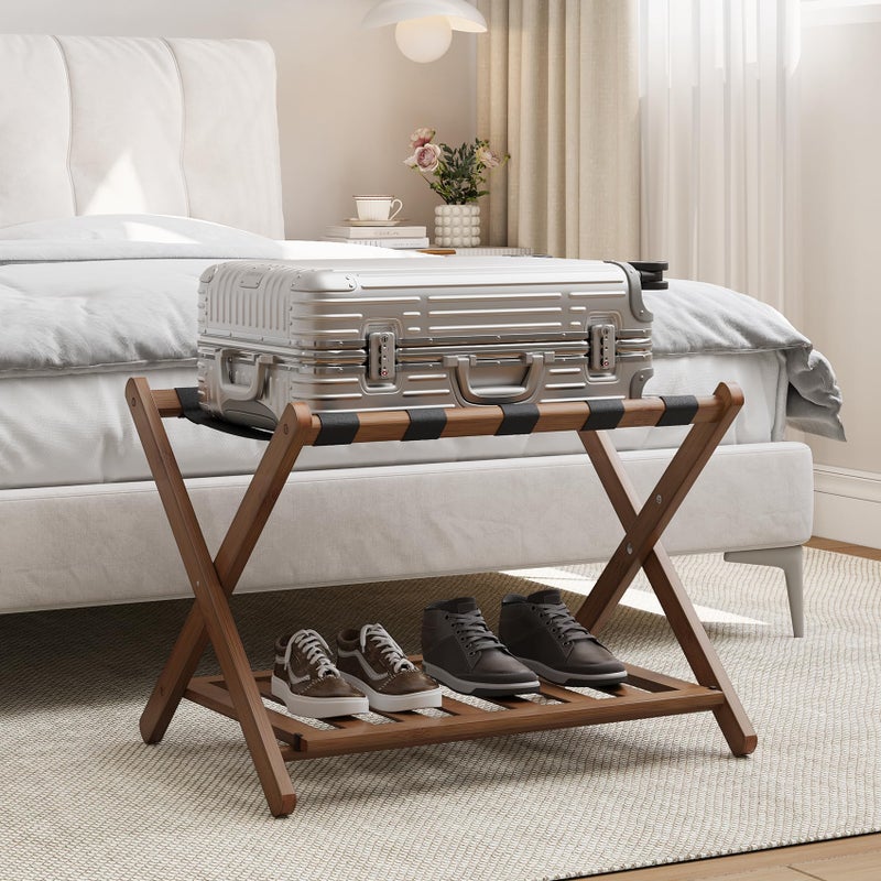 Smart FENDEE 26.77â€œ Fully Assembled Dark Walnut Luggage Racks with Folable Storage Shelf, 5 Heavy-Duty Straps Bamboo Suitcase Stand, Luggage Holders for Guest Room, Bedroom, Hotel - Image 1