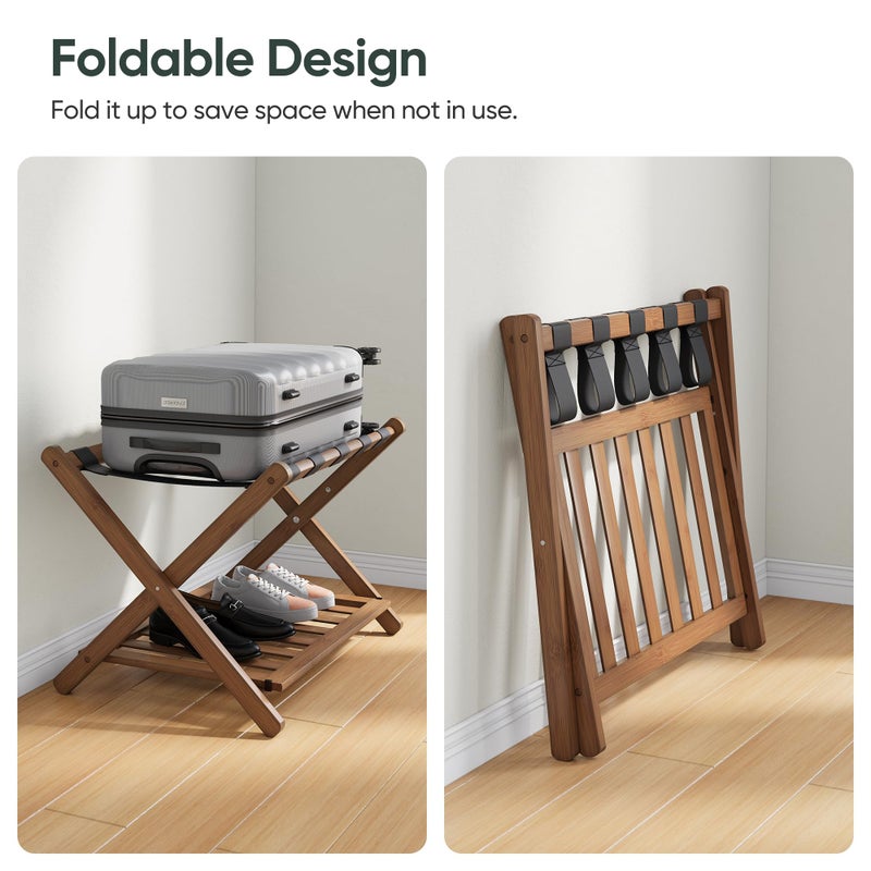 Smart FENDEE 26.77â€œ Fully Assembled Dark Walnut Luggage Racks with Folable Storage Shelf, 5 Heavy-Duty Straps Bamboo Suitcase Stand, Luggage Holders for Guest Room, Bedroom, Hotel - Image 4