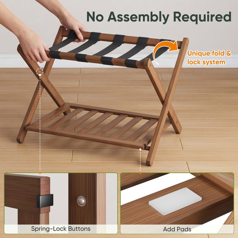 Smart FENDEE 26.77â€œ Fully Assembled Dark Walnut Luggage Racks with Folable Storage Shelf, 5 Heavy-Duty Straps Bamboo Suitcase Stand, Luggage Holders for Guest Room, Bedroom, Hotel - Image 3