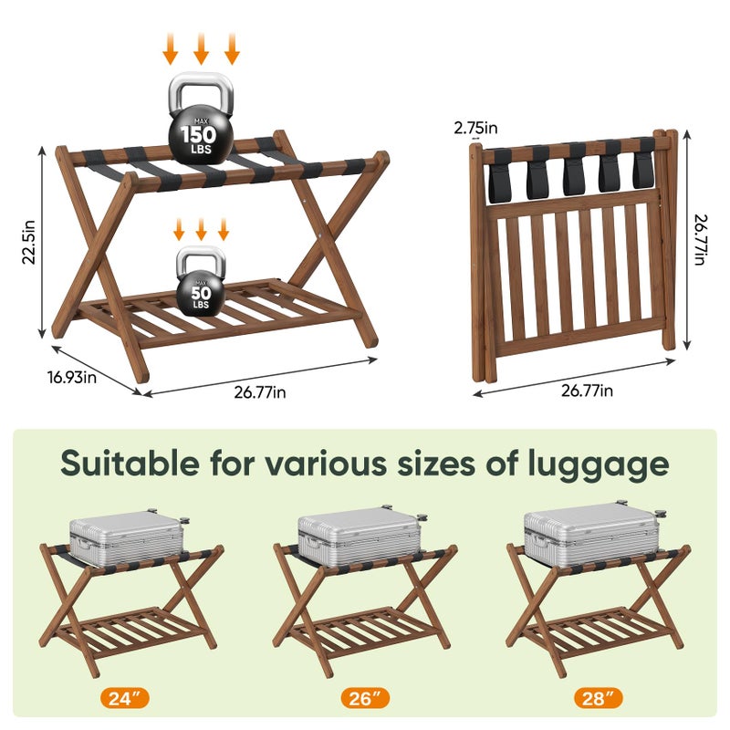 Smart FENDEE 26.77â€œ Fully Assembled Dark Walnut Luggage Racks with Folable Storage Shelf, 5 Heavy-Duty Straps Bamboo Suitcase Stand, Luggage Holders for Guest Room, Bedroom, Hotel - Image 5