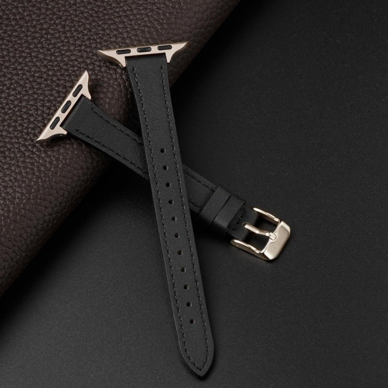 STIROLL Slim Leather Bands Compatible with Apple Watch Band 38mm 40mm 41mm 42mm(Series 11 10), Top Grain Leather Watch Thin Wristband for iWatch SE 9 8 7 6 5 4 3 2 1 (Black Starlight) - Image 2