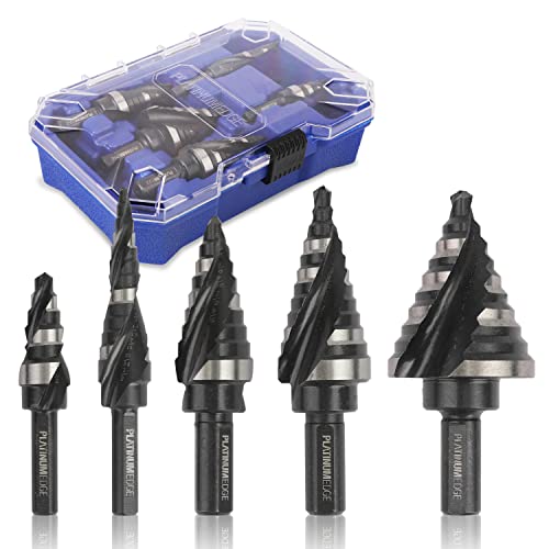 PLATINUMEDGE Step Drill Bits Set, 5 Pcs High Speed Steel Step Drill Bit for Sheet Metal, 50 Step Sizes Hole Drilling, Double Flute Cutting Blades, Nitride Black Coating and Polished, Storage Box - Image 1