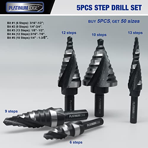 PLATINUMEDGE Step Drill Bits Set, 5 Pcs High Speed Steel Step Drill Bit for Sheet Metal, 50 Step Sizes Hole Drilling, Double Flute Cutting Blades, Nitride Black Coating and Polished, Storage Box - Image 4