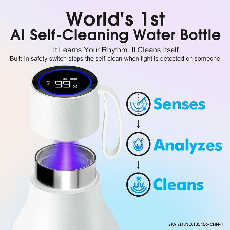 vsitoo 33oz Smart Self Cleaning Water Bottle，Insulated Water Bottle with Stainless Steel, BPA-Free, AI Self-Clean, 30-Day Battery, Magnetic Charging for Travel, Gym or Office, White - Image 2