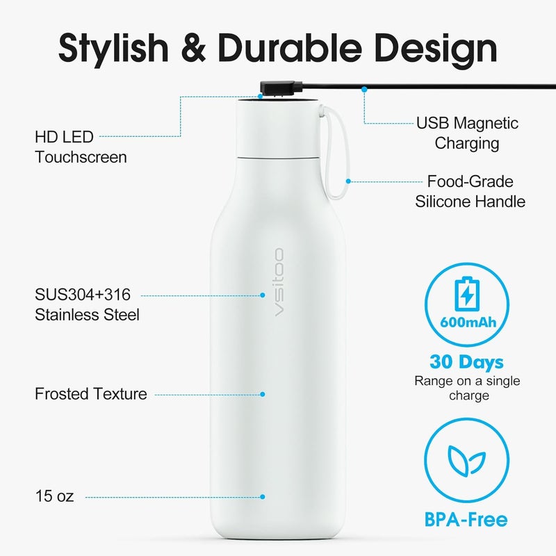 vsitoo 33oz Smart Self Cleaning Water Bottle，Insulated Water Bottle with Stainless Steel, BPA-Free, AI Self-Clean, 30-Day Battery, Magnetic Charging for Travel, Gym or Office, White - Image 5