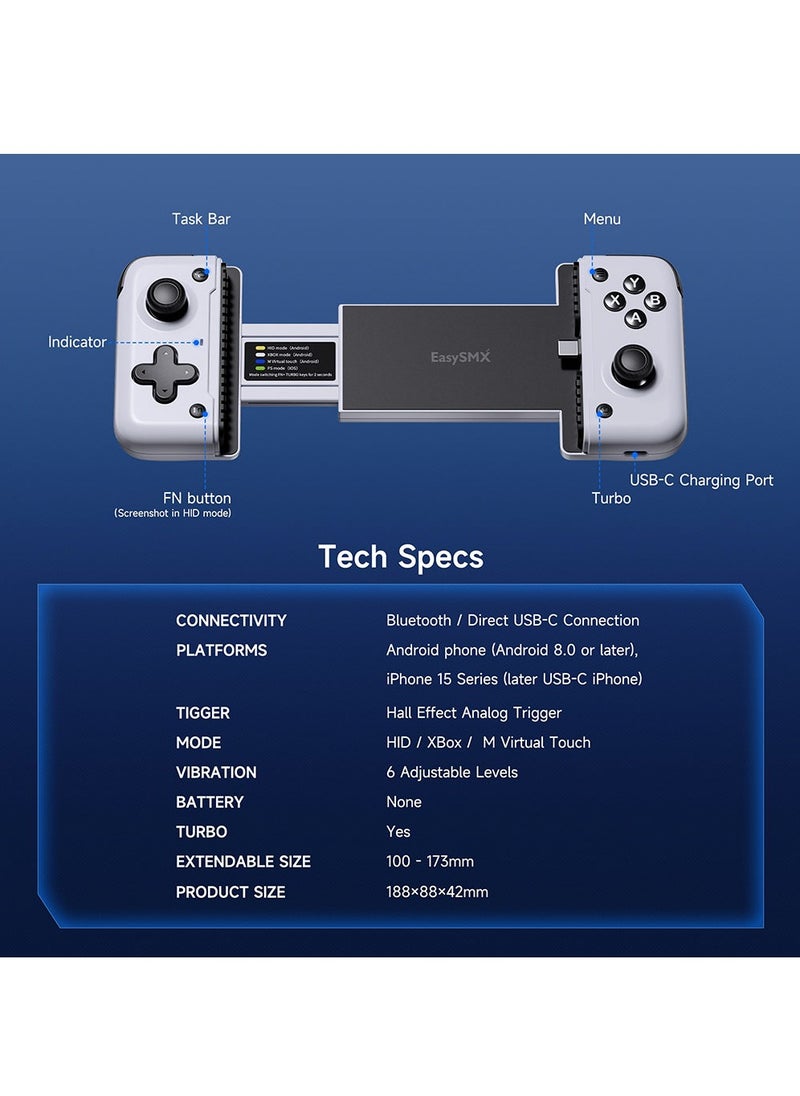 EasySMX - M05 Mobile Gaming Controller, for iPhone 15 Series (USB-C),Android Gaming Controller, with Hall Trigger, Advanced Vibration, Plug u0026 Play, Bluetooth (Type-C) - Image 1