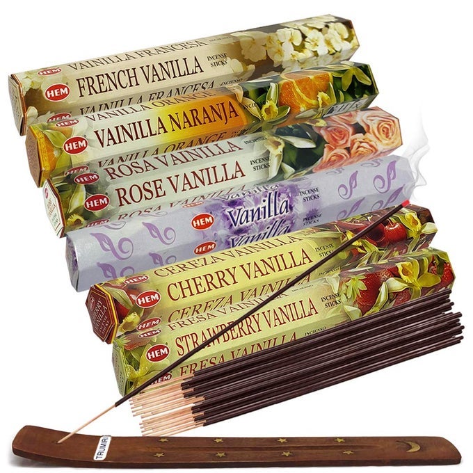 HEM INCENSE STICKS VARIETY PACK 18 AND INCENSE STICK HOLDER BUNDLE WITH 6 VANILLA FRAGRANCES