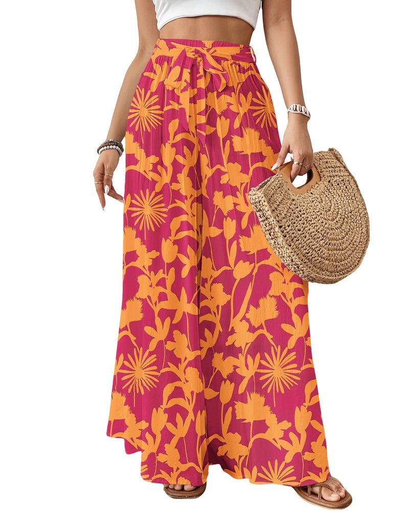 Bsubseach Wide Leg Pants Woman Flowy Floral Palazzo Pants for Women High Waisted Summer Casual Trousers Cruise Outfits Orange and Red XL - Image 1