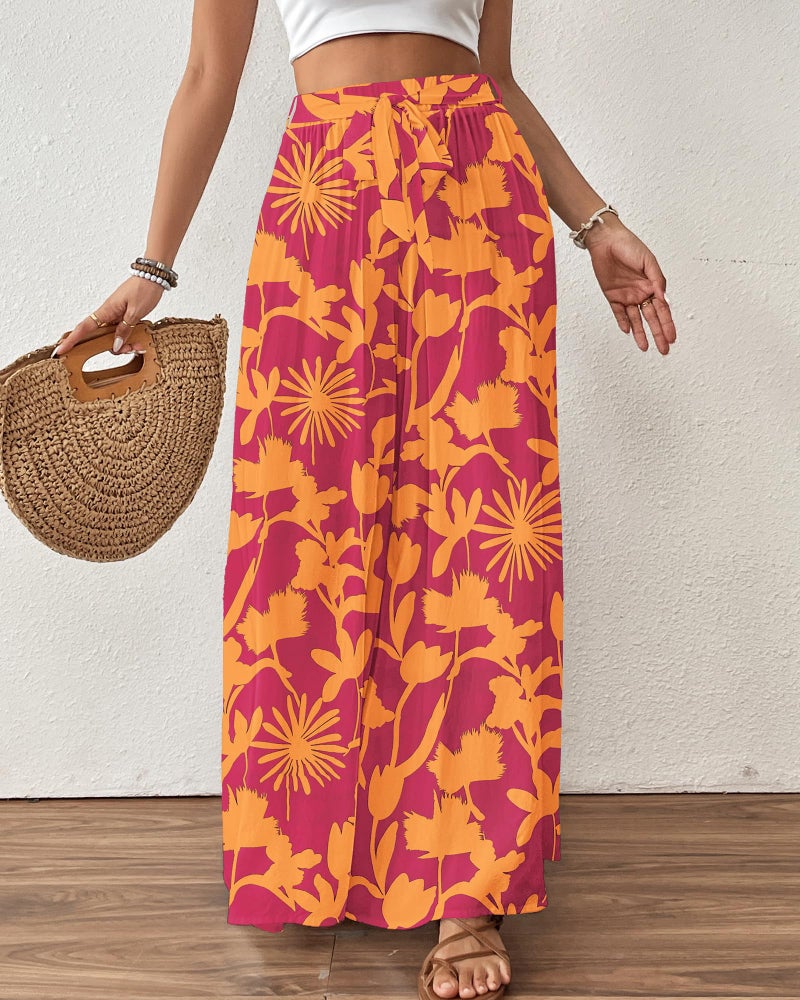 Bsubseach Wide Leg Pants Woman Flowy Floral Palazzo Pants for Women High Waisted Summer Casual Trousers Cruise Outfits Orange and Red XL - Image 2