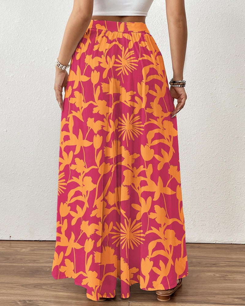 Bsubseach Wide Leg Pants Woman Flowy Floral Palazzo Pants for Women High Waisted Summer Casual Trousers Cruise Outfits Orange and Red XL - Image 5