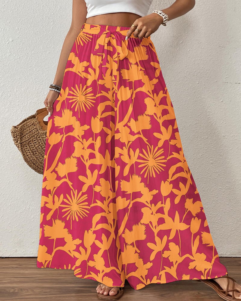 Bsubseach Wide Leg Pants Woman Flowy Floral Palazzo Pants for Women High Waisted Summer Casual Trousers Cruise Outfits Orange and Red XL - Image 4