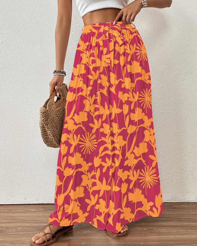 Bsubseach Wide Leg Pants Woman Flowy Floral Palazzo Pants for Women High Waisted Summer Casual Trousers Cruise Outfits Orange and Red XL - Image 3