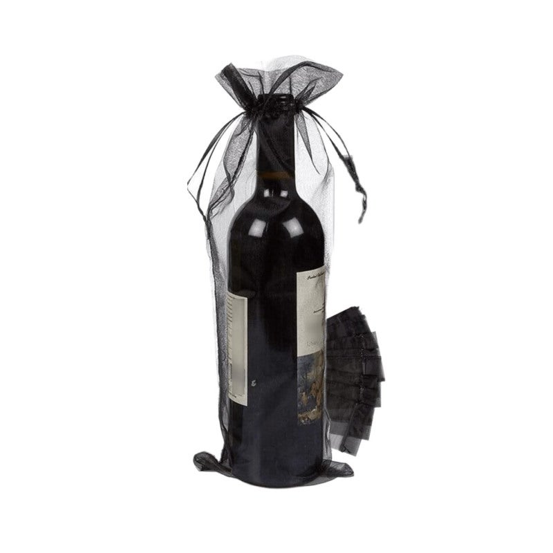 Wine Bags: 15x38CM 60-Pack Set - Reusable Durable Kraft & Black Transparent Mesh Organza With Secure Drawstring Closure For Standard Tall Bottle Wrapping, Festive Gifting Occasions - Image 1
