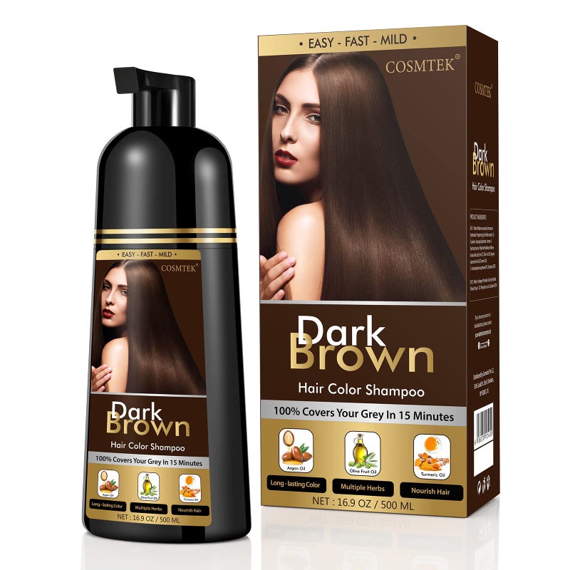 COSMTEK Dark Brown Hair Dye Shampoo Permanent for Men&Women,Instant Hair Color Shampoo for Gray Hair Coverage and Beard,3-In-1 Shampoo for Color Treated Hair,Lasts 30 Days/500ml/Ammonia-Free/Natural herbal Ingredients. - Image 1